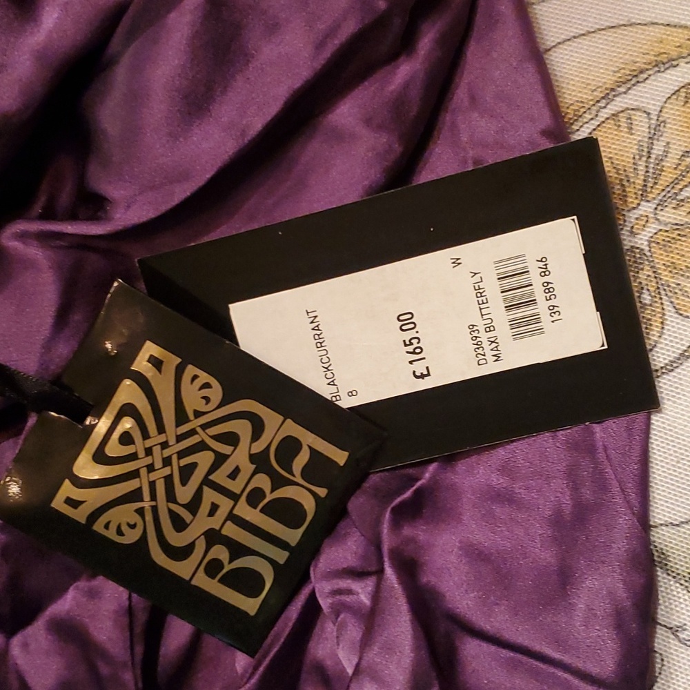 Silk Maxi BIBA Butterfly Beaded Purple Flutter Dress Mid Arm Flutter Sleeves - Picture 7 of 10